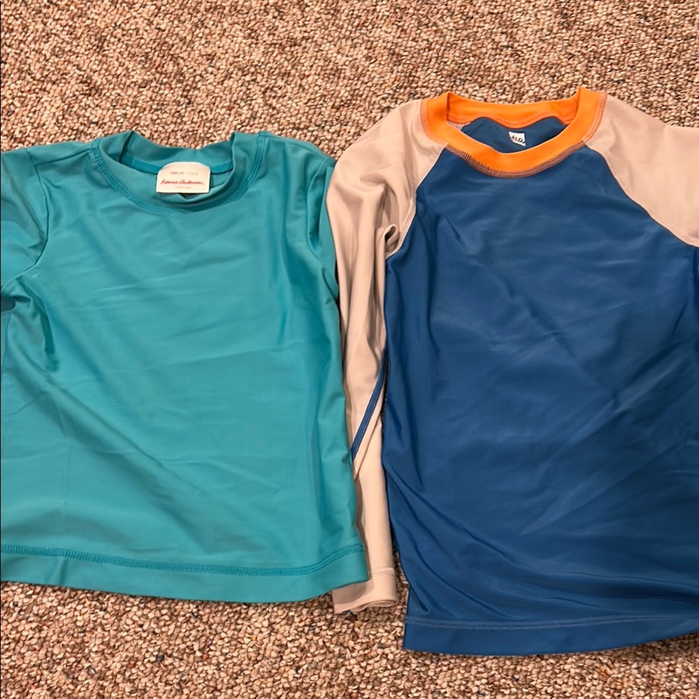 Hanna Andersson Teal & Blue Kids' Rashguard Swim Tops with Orange Trim